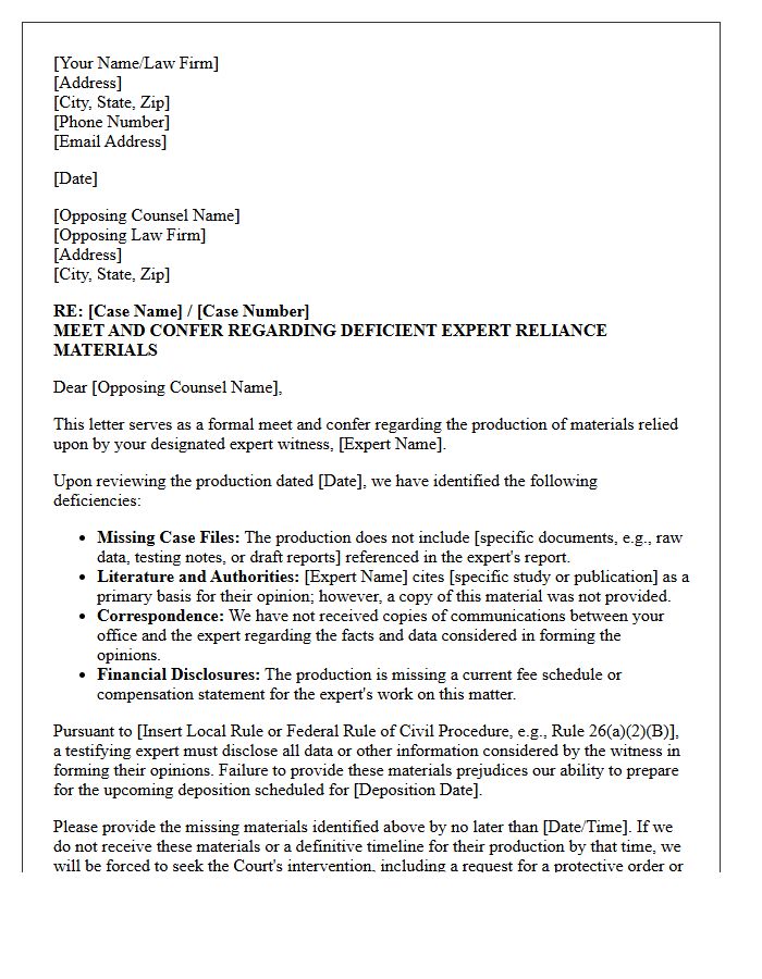 Meet and Confer Letter Regarding Deficient Expert Witness Reliance Materials Production