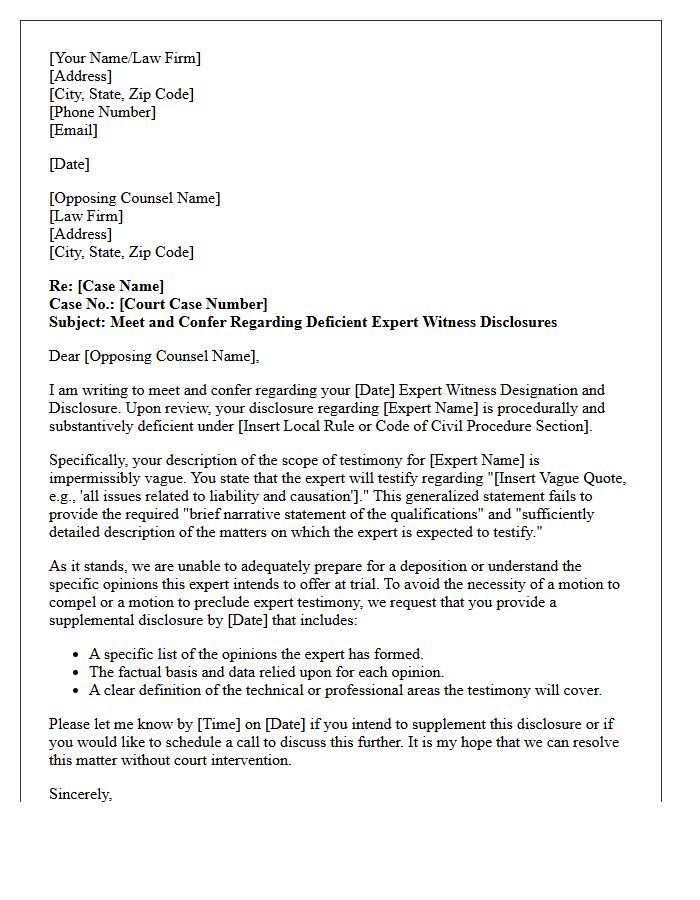 Meet and Confer Letter Regarding Vague Expert Witness Scope of Testimony Deficiencies