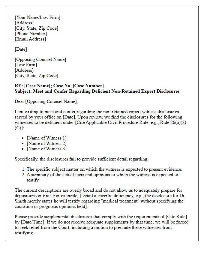 Meet and Confer Letter Regarding Non-Retained Expert Witness Disclosure Deficiencies