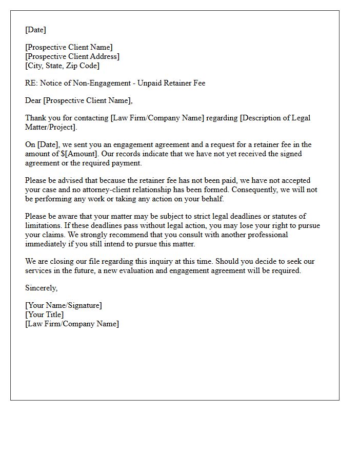 Non-Engagement Letter For Unpaid Retainer Fee