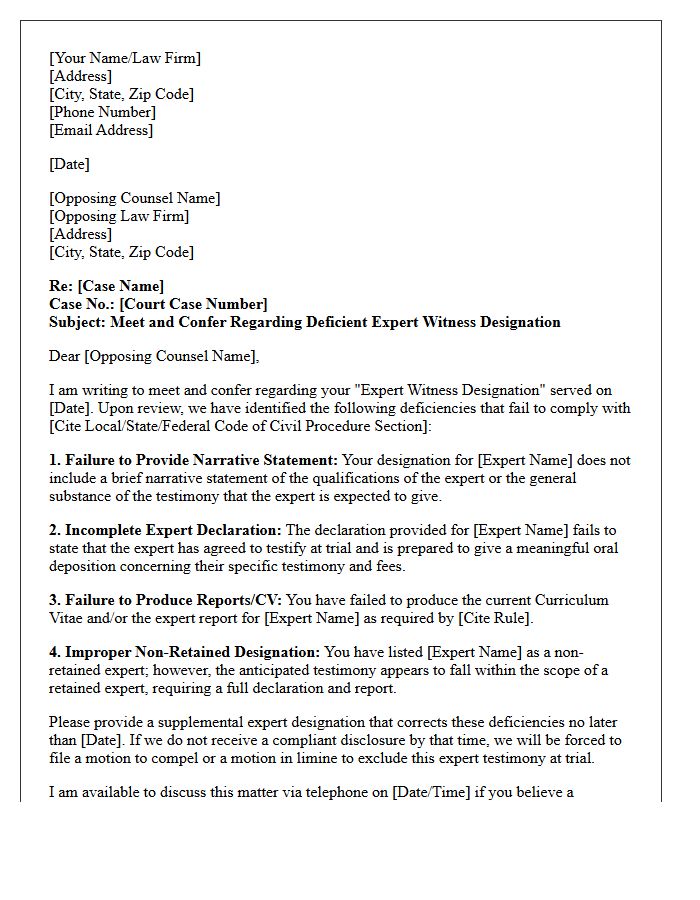 Meet and Confer Letter Regarding Improper Expert Witness Designation Deficiencies