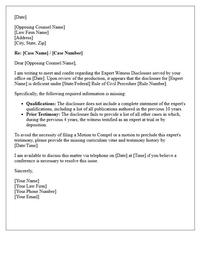 Meet and Confer Letter Regarding Missing Expert Witness Qualifications and Publications