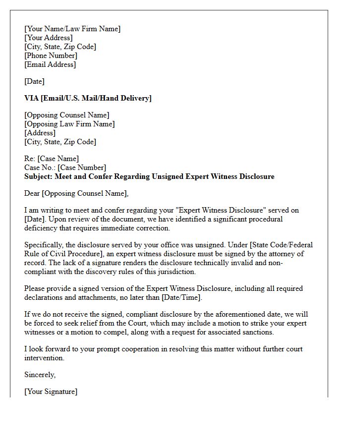 Meet and Confer Letter Regarding Unsigned Expert Witness Disclosure Deficiencies