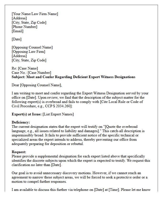 Meet and Confer Letter Regarding Overbroad Expert Witness Subject Matter Deficiencies