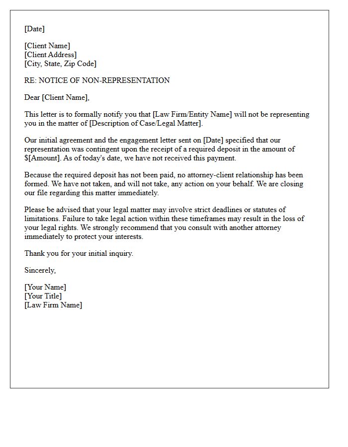 Notice Of Non-Representation Due To Unpaid Deposit Letter