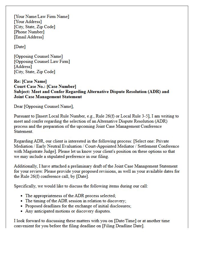 Alternative Dispute Resolution Meet and Confer Letter Regarding Joint Case Management Conference Statement