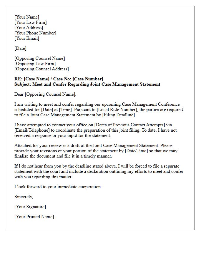 Unresponsive Counsel Meet and Confer Letter Regarding Joint Case Management Conference Statement