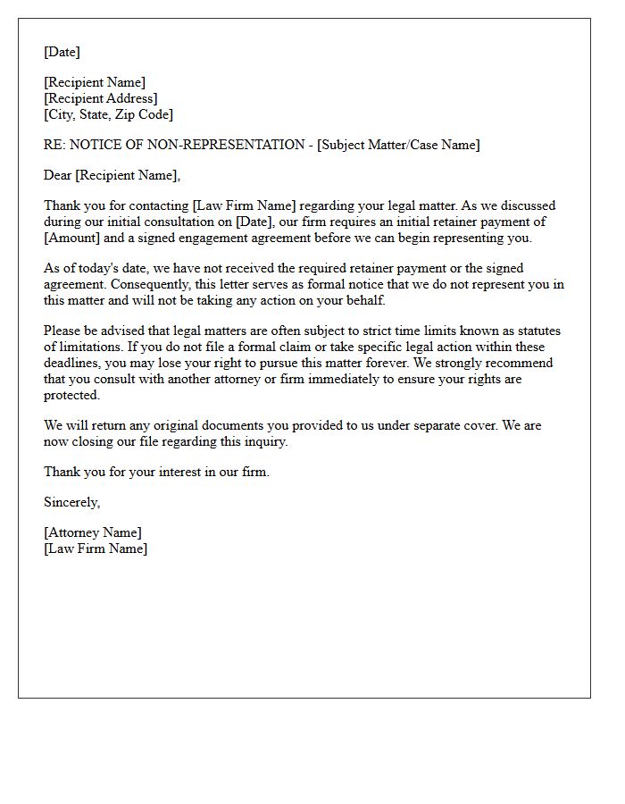 Initial Retainer Non-Payment Declination Letter