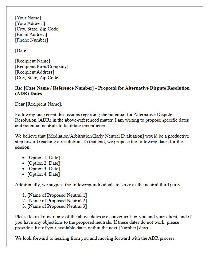 Proposed Alternative Dispute Resolution Dates Letter Proposal