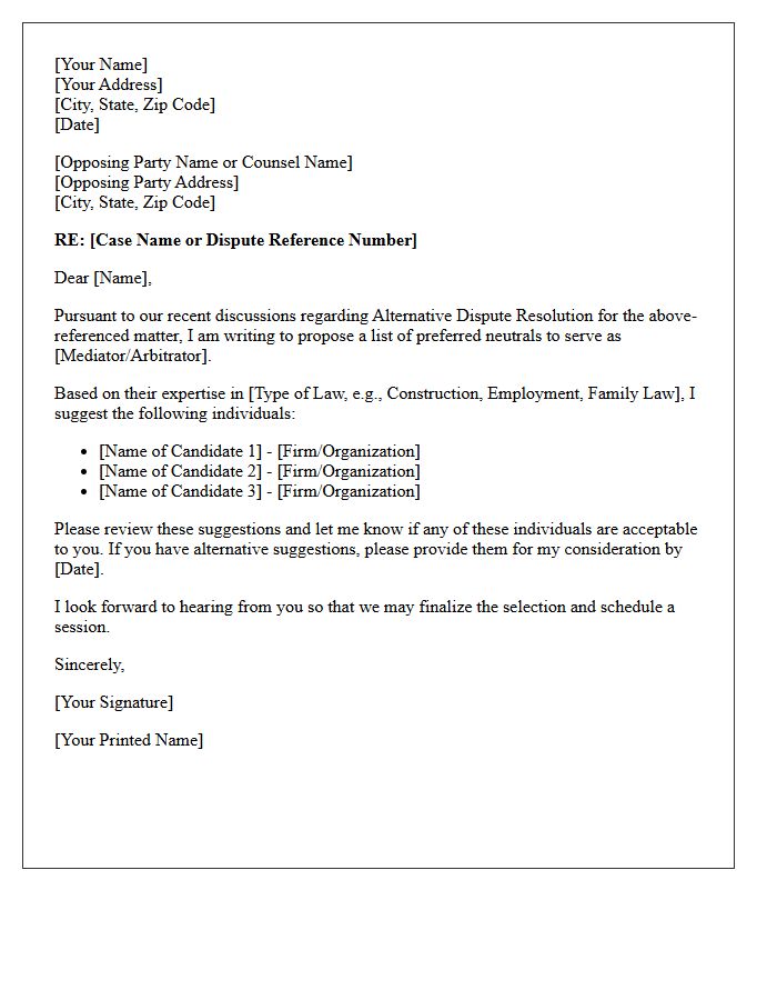 Preferred Mediator Or Arbitrator Letter Suggestion