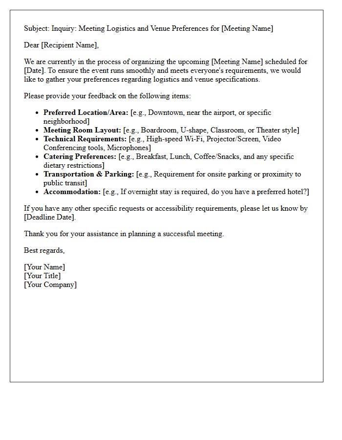 Meeting Logistics And Venue Preferences Letter Inquiry
