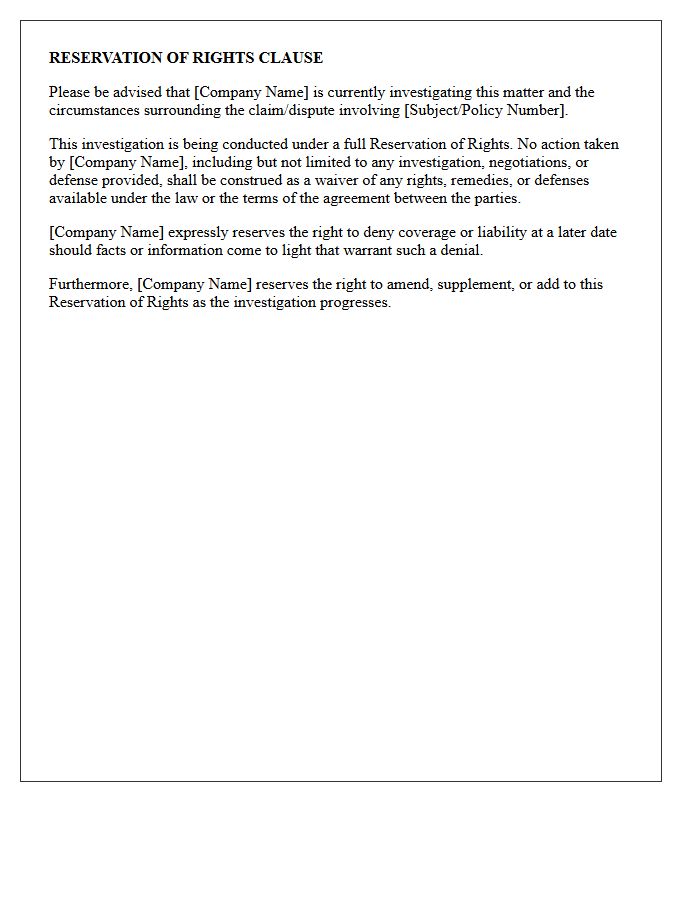 Standard Reservation Of Rights Letter Clause