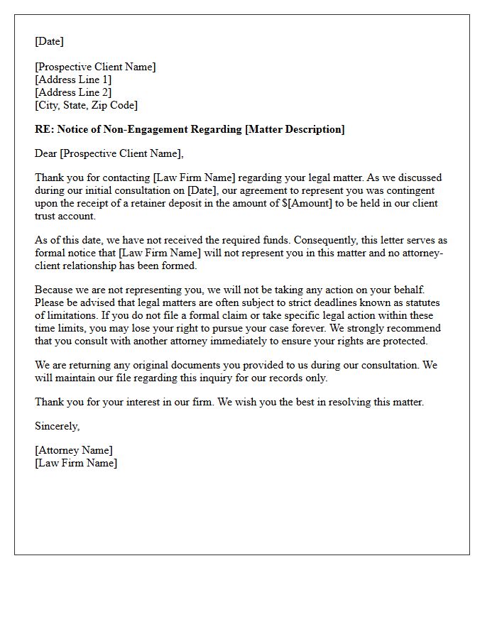 Letter Of Non-Engagement For Failure To Fund Trust Account