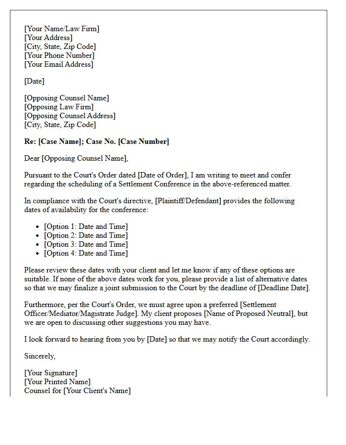 Court-Ordered Meet and Confer Letter Regarding Settlement Conference Availability