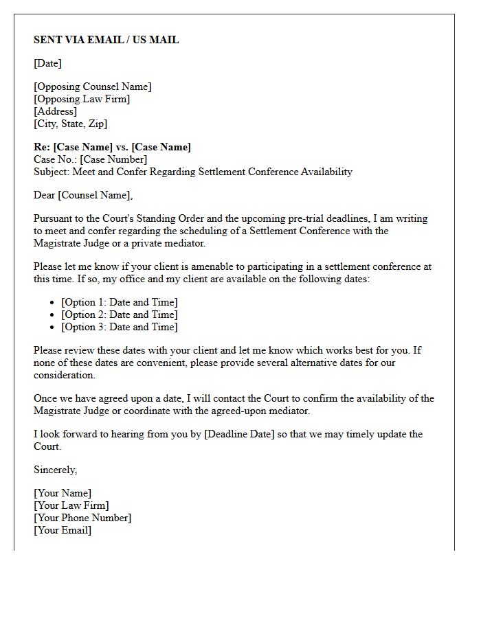 Pre-Trial Meet and Confer Letter Regarding Settlement Conference Availability
