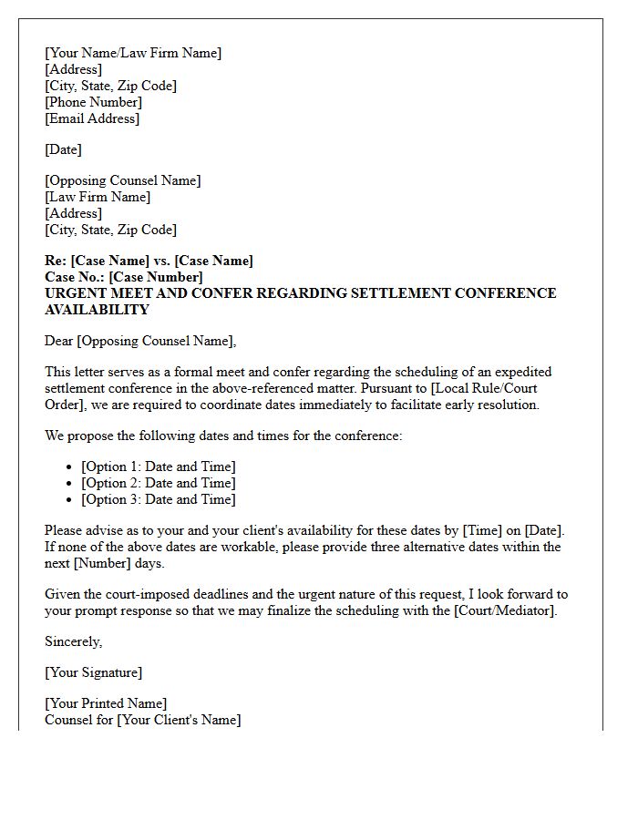 Urgent Meet and Confer Letter Regarding Expedited Settlement Conference Availability