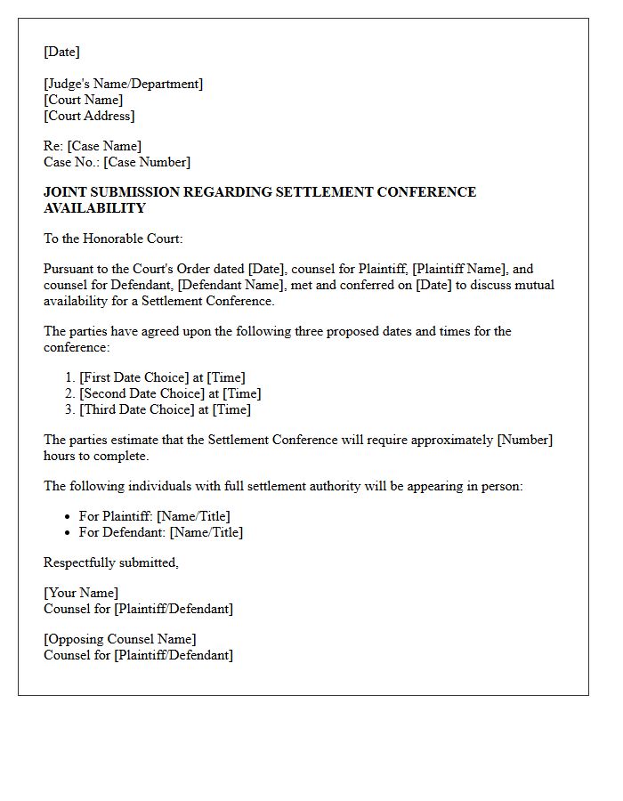 Joint Submission Meet and Confer Letter Regarding Settlement Conference Availability