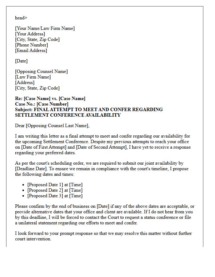 Final Attempt Meet and Confer Letter Regarding Settlement Conference Availability