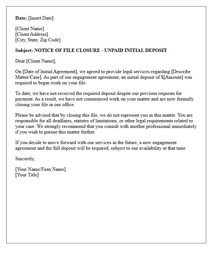 Unpaid Initial Deposit File Closure Letter