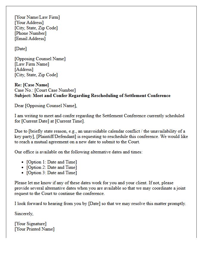 Rescheduling Request Meet and Confer Letter Regarding Settlement Conference Availability