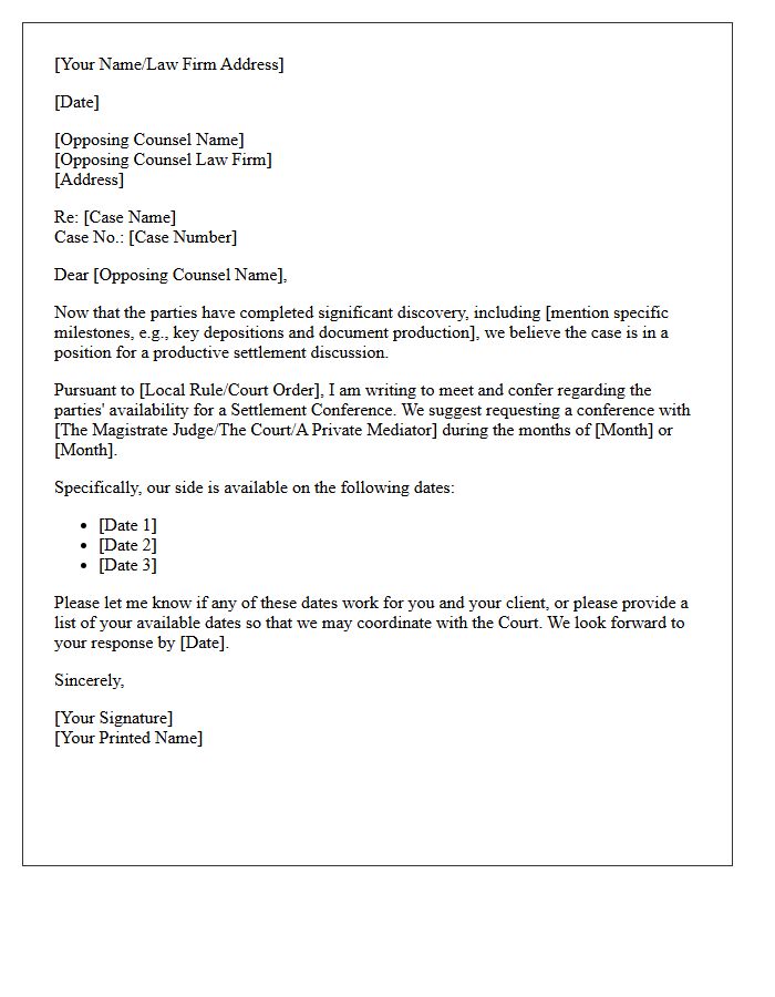 Post-Discovery Meet and Confer Letter Regarding Settlement Conference Availability