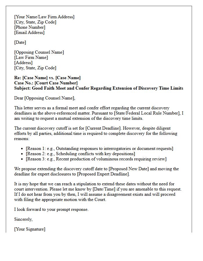 Good Faith Meet and Confer Letter Regarding Request for Extension of Discovery Time Limits
