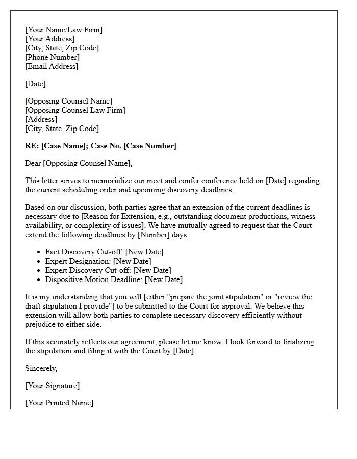 Meet and Confer Letter Regarding Mutual Request for Extension of Scheduling Order Time Limits
