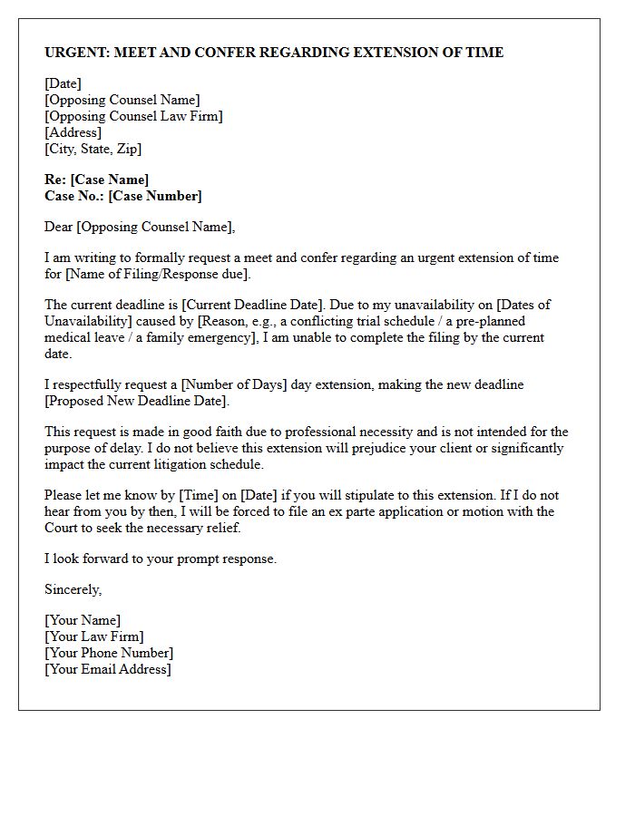 Urgent Meet and Confer Letter Regarding Request for Extension of Time Limits Due to Counsel Unavailability