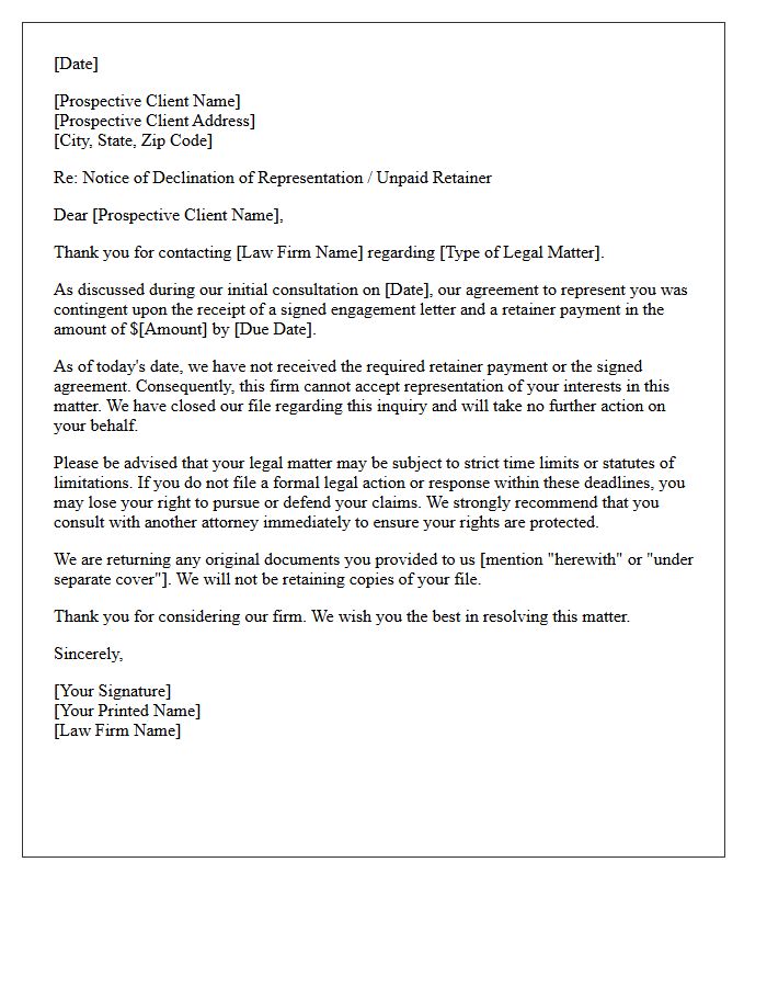 Legal Representation Declination Letter For Unpaid Retainer