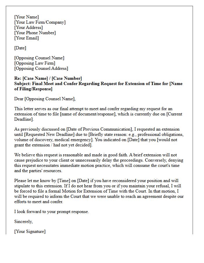 Final Meet and Confer Letter Regarding Request for Extension of Time Limits Before Motion Practice