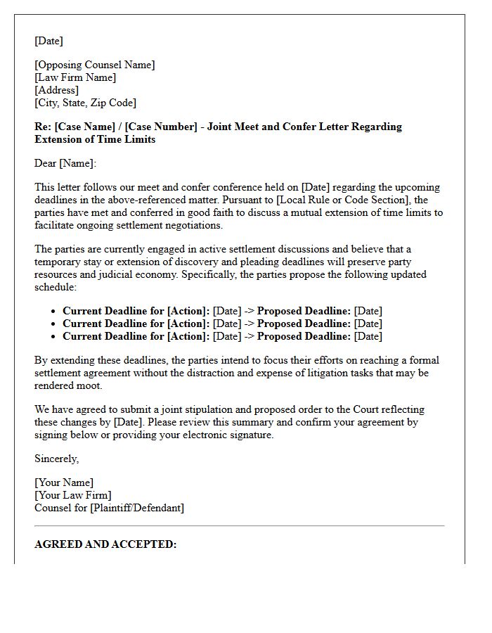 Joint Meet and Confer Letter Regarding Request for Extension of Time Limits Pending Settlement Negotiations
