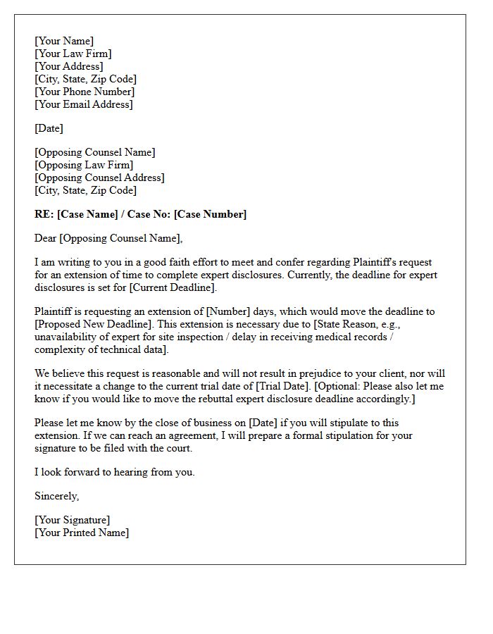 Meet and Confer Letter Regarding Plaintiff Request for Extension of Expert Disclosure Time Limits
