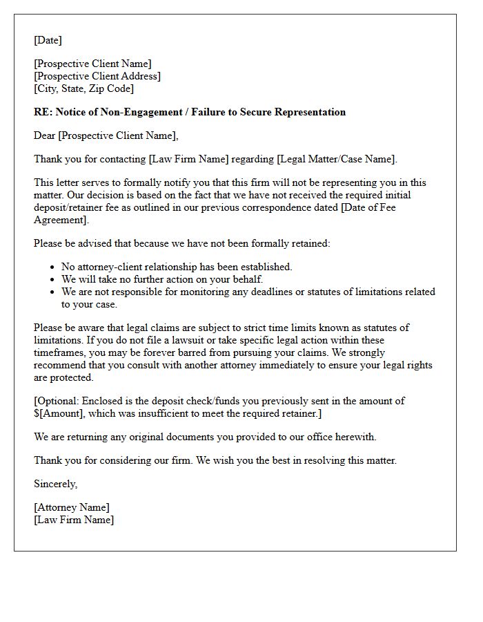 Failure To Secure Representation Deposit Non-Engagement Letter