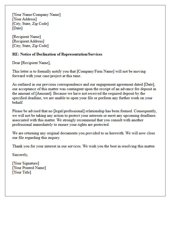 Letter Of Declination Regarding Unpaid Advance Fee Deposit
