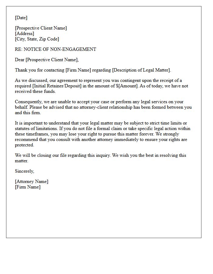 Prospective Client Non-Engagement Letter Due To Unpaid Funds