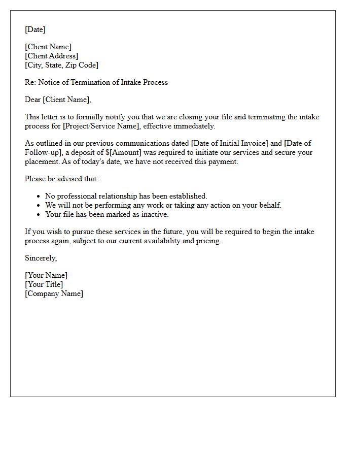 Termination Of Intake Process For Unpaid Deposit Letter
