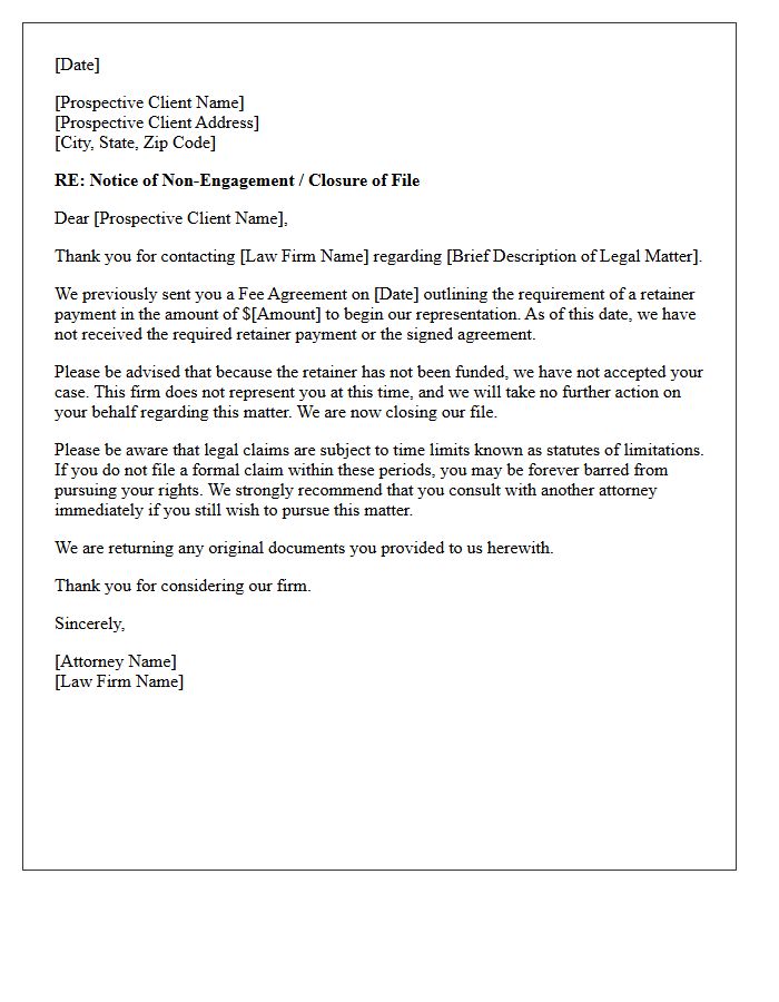Unfunded Retainer Agreement Non-Engagement Letter