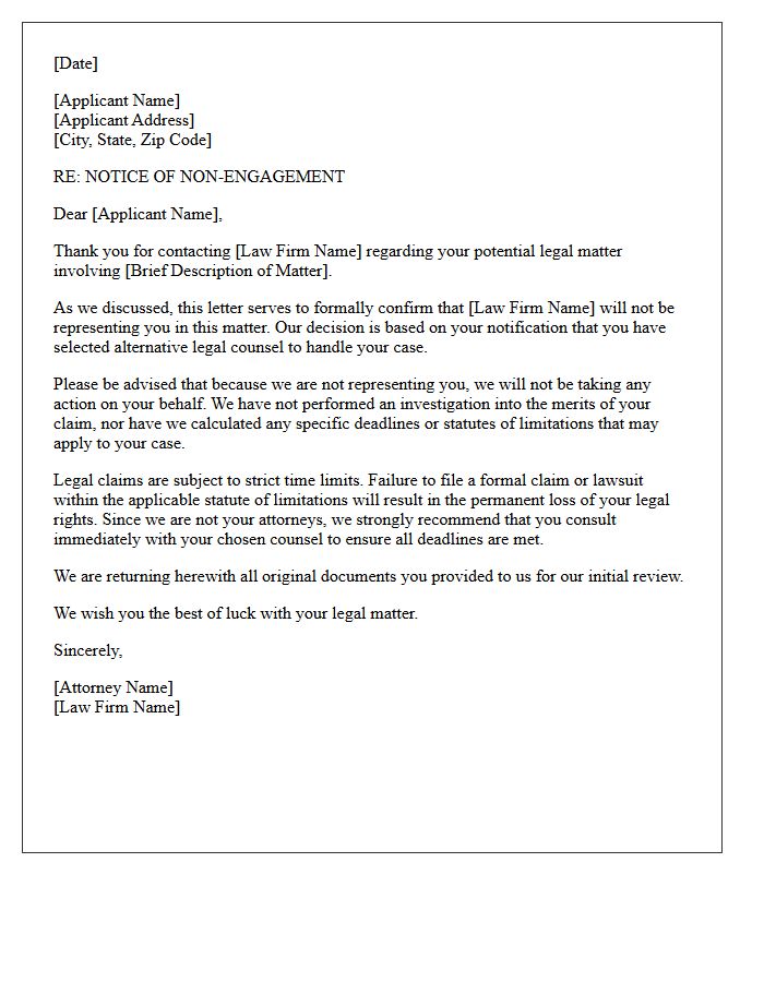 Alternative Counsel Selection Non-Engagement Letter