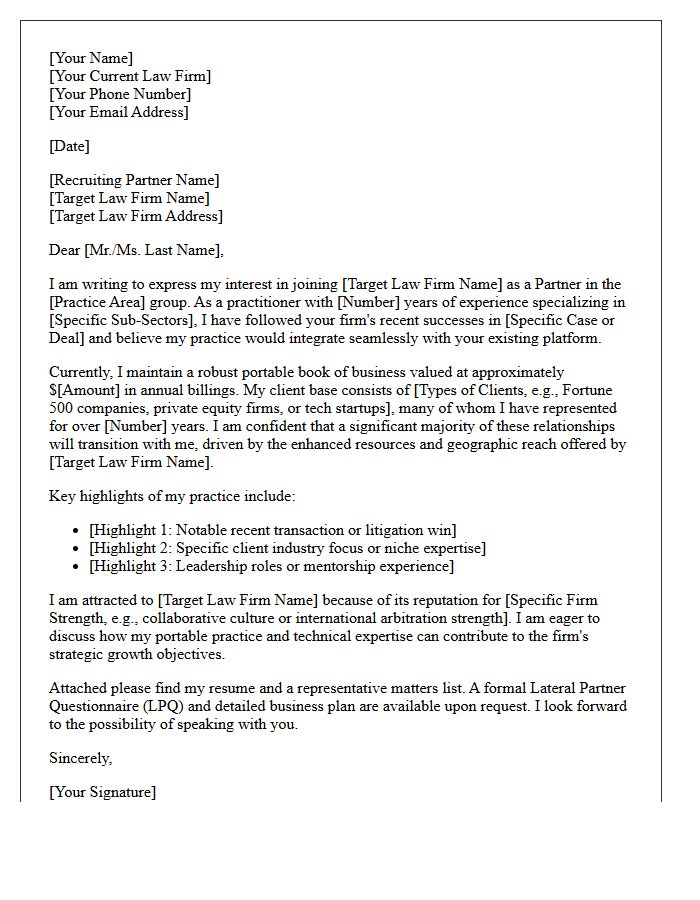 Portable Book of Business Lateral Partner Transfer Cover Letter