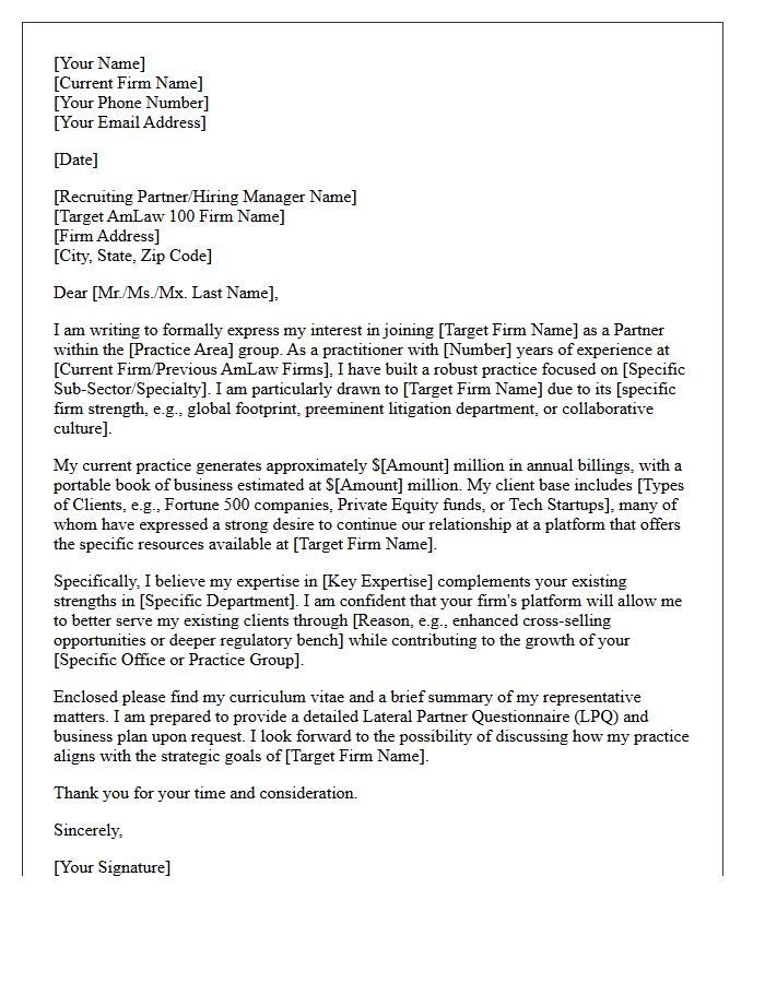 AmLaw 100 Transition Lateral Partner Transfer Cover Letter