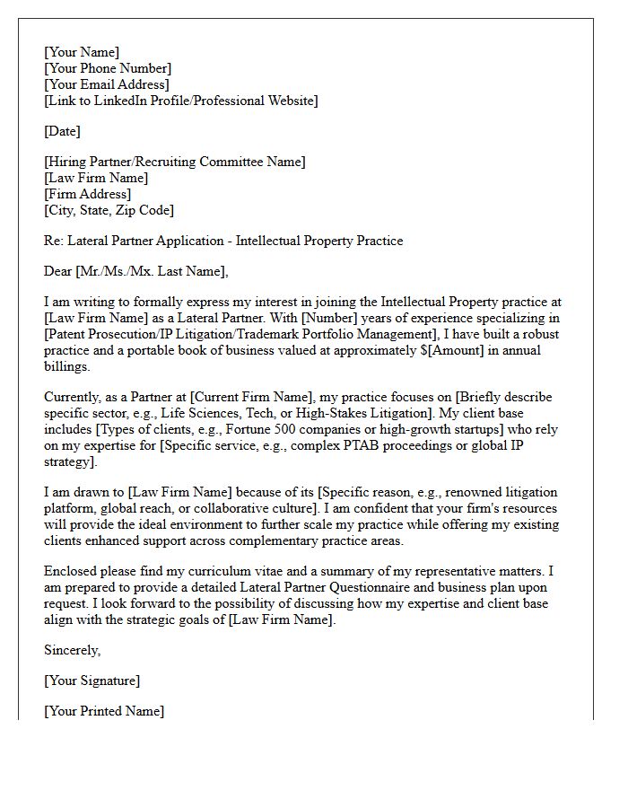 Intellectual Property Lateral Partner Transfer Cover Letter