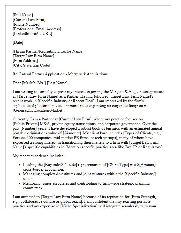 Mergers and Acquisitions Lateral Partner Transfer Cover Letter