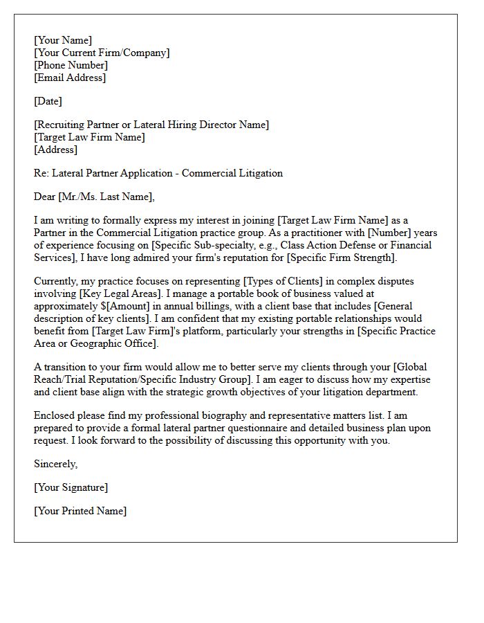 Commercial Litigation Lateral Partner Transfer Cover Letter