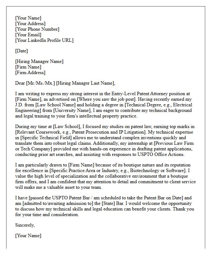 Entry-Level Patent Attorney Cover Letter for a Boutique Intellectual Property Law Firm