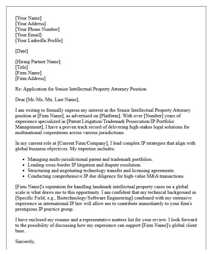 Experienced Intellectual Property Attorney Application Letter for a Global Law Firm