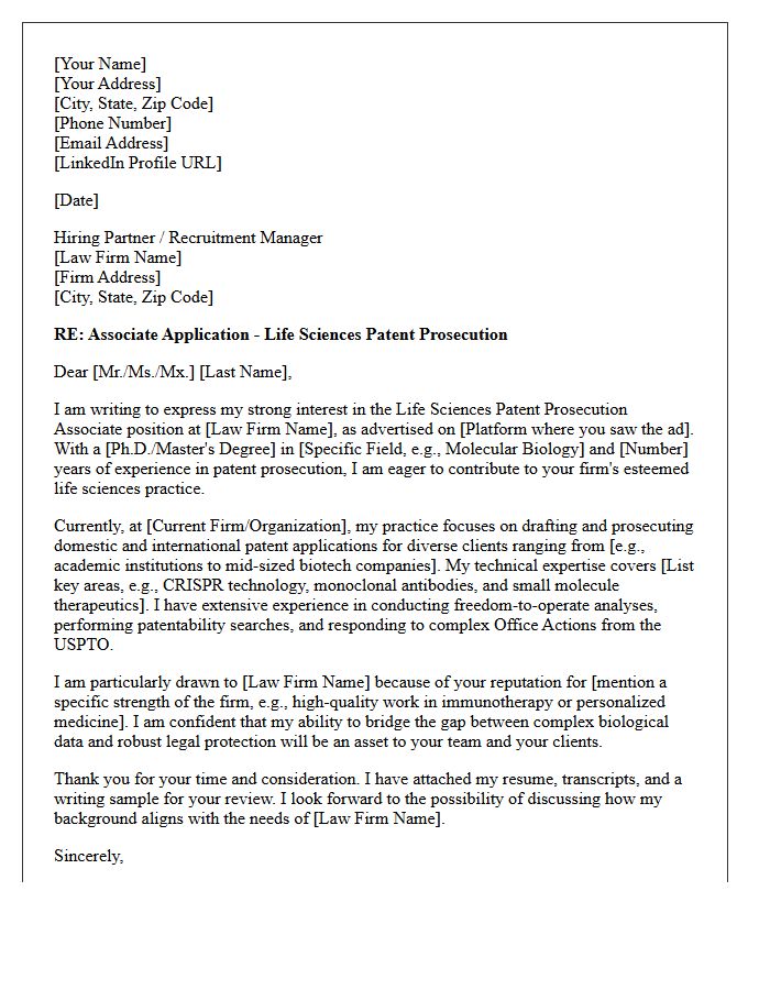 Life Sciences Patent Prosecution Cover Letter for a Mid-Sized Law Firm