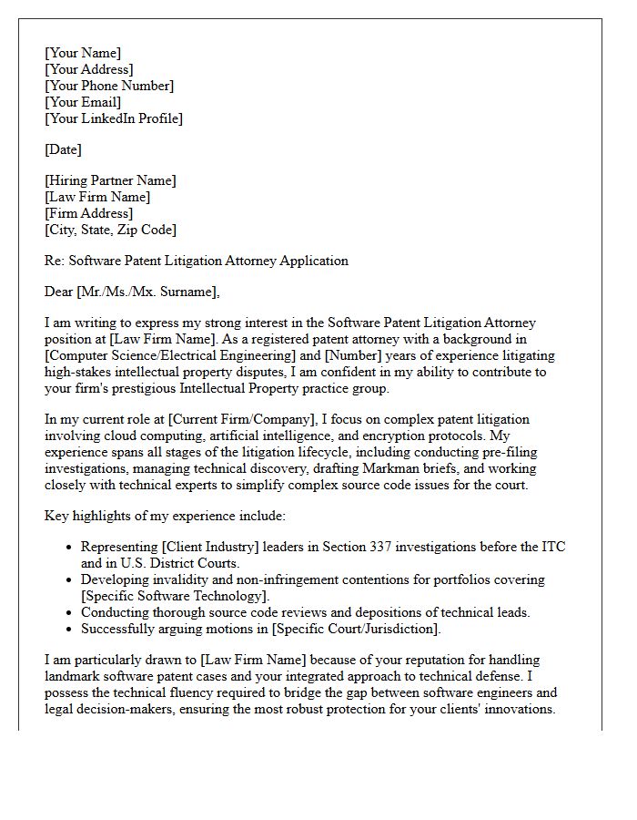 Software Patent Litigation Attorney Cover Letter for a Corporate Law Firm