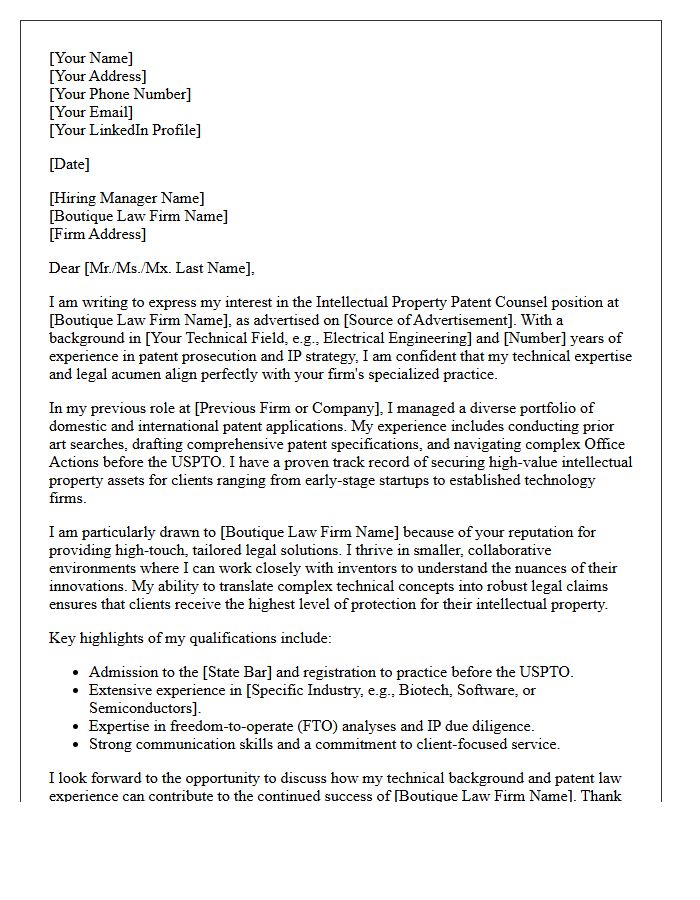 Boutique Law Firm Intellectual Property Patent Counsel Cover Letter