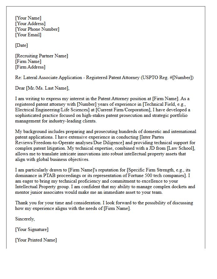 Registered Patent Attorney Lateral Transfer Cover Letter for a Top-Tier Law Firm