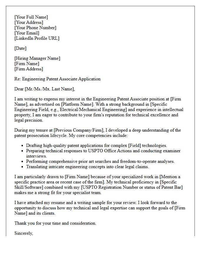 Engineering Patent Associate Cover Letter for a Specialist Intellectual Property Law Firm